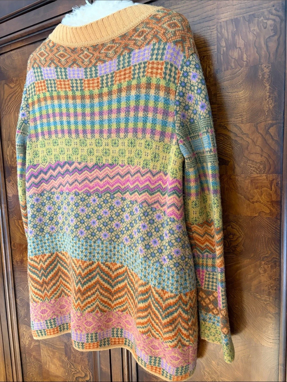 IVKO Extrafine Lambswool Patchwork Cardigan Wrap Sweater Boho MultiColor M Flaws